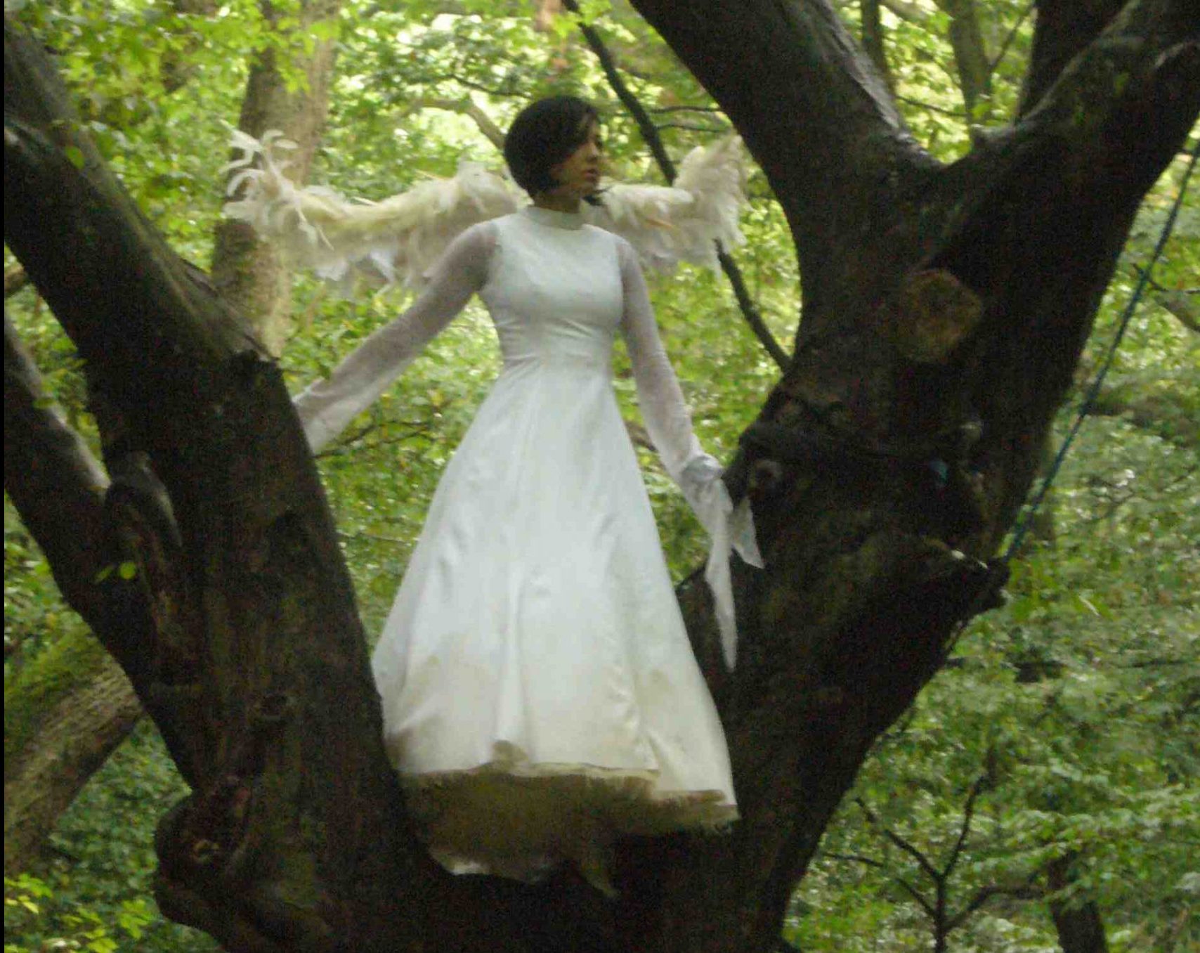 performer in angelic white costume stands in a large tree
